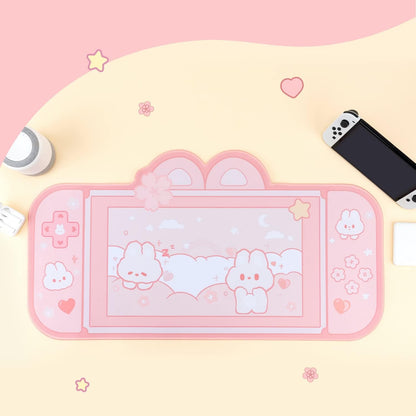 Bunny Desk Pad | NS Switch Keyboard Gaming Mat Large Mousepad | Pastel Pink Kawaii Anime Desk Blotter Protector | Pink Rabbit Desk Mat for Gaming Office Home Decor Cute Desk Setup (Large)