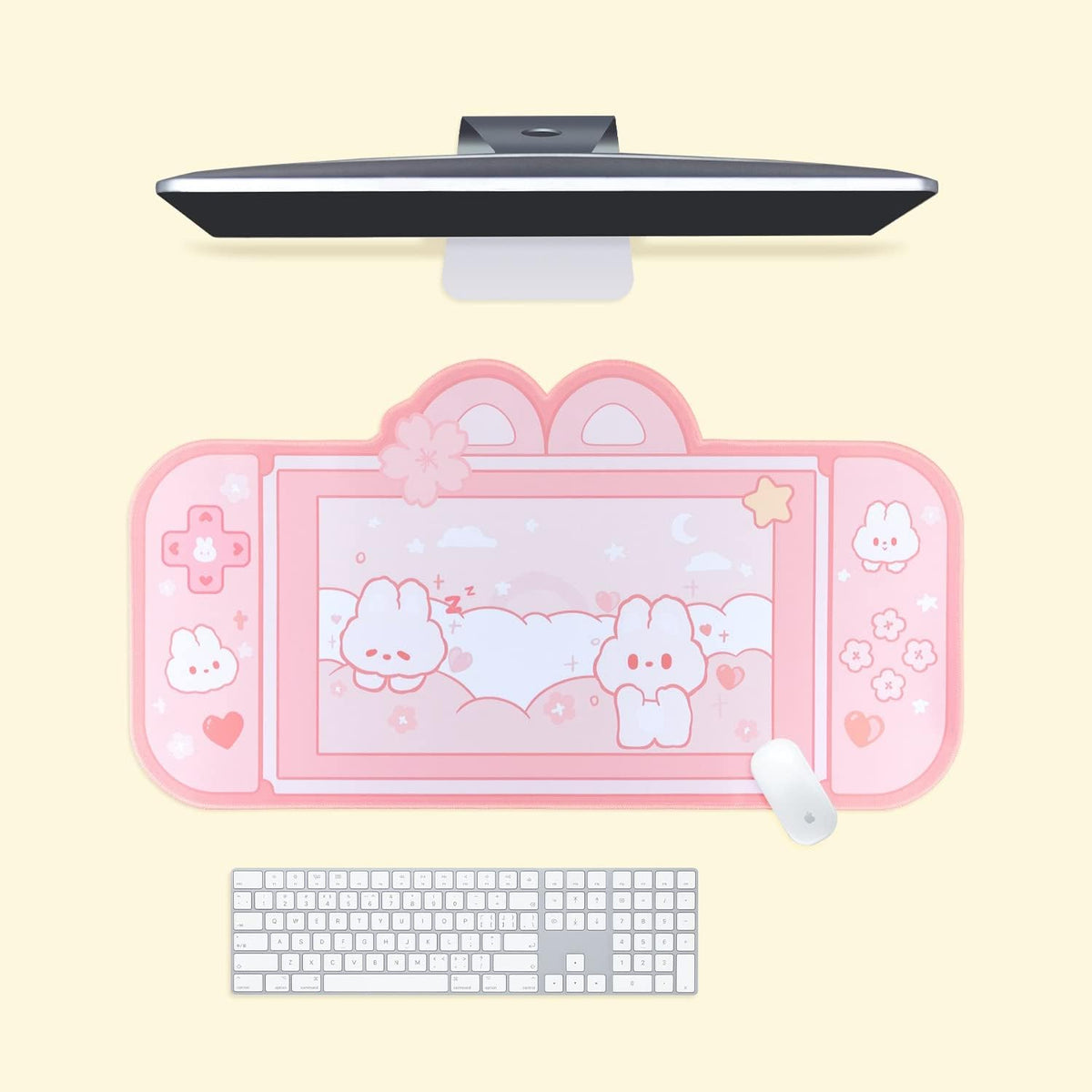 Bunny Desk Pad | NS Switch Keyboard Gaming Mat Large Mousepad | Pastel Pink Kawaii Anime Desk Blotter Protector | Pink Rabbit Desk Mat for Gaming Office Home Decor Cute Desk Setup (Large)