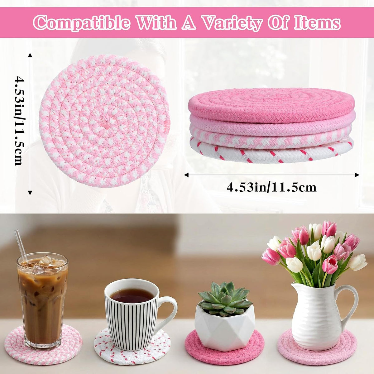 Cute Drink Coasters for Desk,Pink Woven Fabric Coasters,Absorbent Coaster for Drinks,Living Room,Table Home Table Home Decor Gift - 4.5 Inch