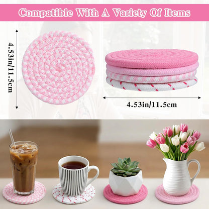 Cute Drink Coasters for Desk,Pink Woven Fabric Coasters,Absorbent Coaster for Drinks,Living Room,Table Home Table Home Decor Gift - 4.5 Inch