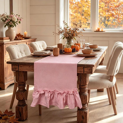 yuboo Pink Farmhouse Ruffle Table Runner, Shabby Pastel Table Runner for Baby Shower Kitchen Party Wedding, Coquette Fall Table Runners 12x54 Inches Rustic Table Decor