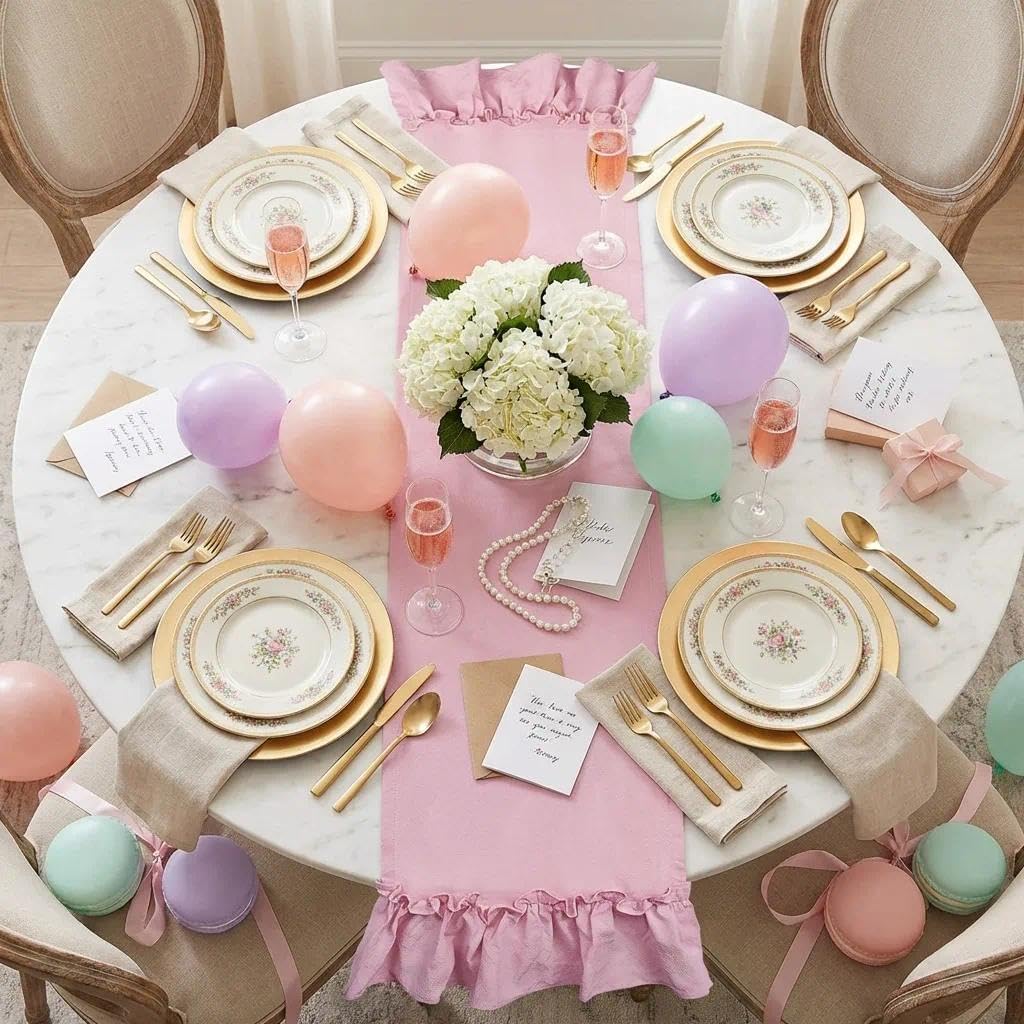 yuboo Pink Farmhouse Ruffle Table Runner, Shabby Pastel Table Runner for Baby Shower Kitchen Party Wedding, Coquette Fall Table Runners 12x54 Inches Rustic Table Decor