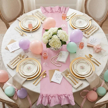 yuboo Pink Farmhouse Ruffle Table Runner, Shabby Pastel Table Runner for Baby Shower Kitchen Party Wedding, Coquette Fall Table Runners 12x54 Inches Rustic Table Decor