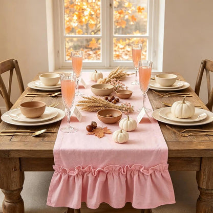 yuboo Pink Farmhouse Ruffle Table Runner, Shabby Pastel Table Runner for Baby Shower Kitchen Party Wedding, Coquette Fall Table Runners 12x54 Inches Rustic Table Decor