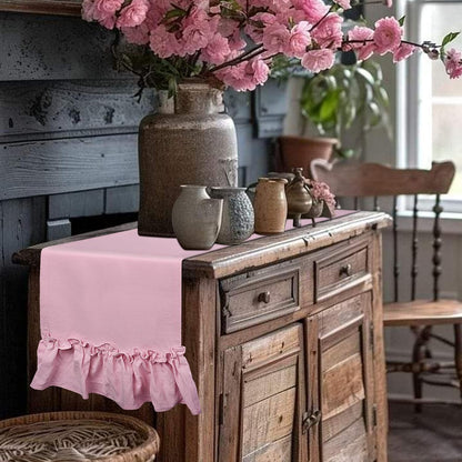 yuboo Pink Farmhouse Ruffle Table Runner, Shabby Pastel Table Runner for Baby Shower Kitchen Party Wedding, Coquette Fall Table Runners 12x54 Inches Rustic Table Decor