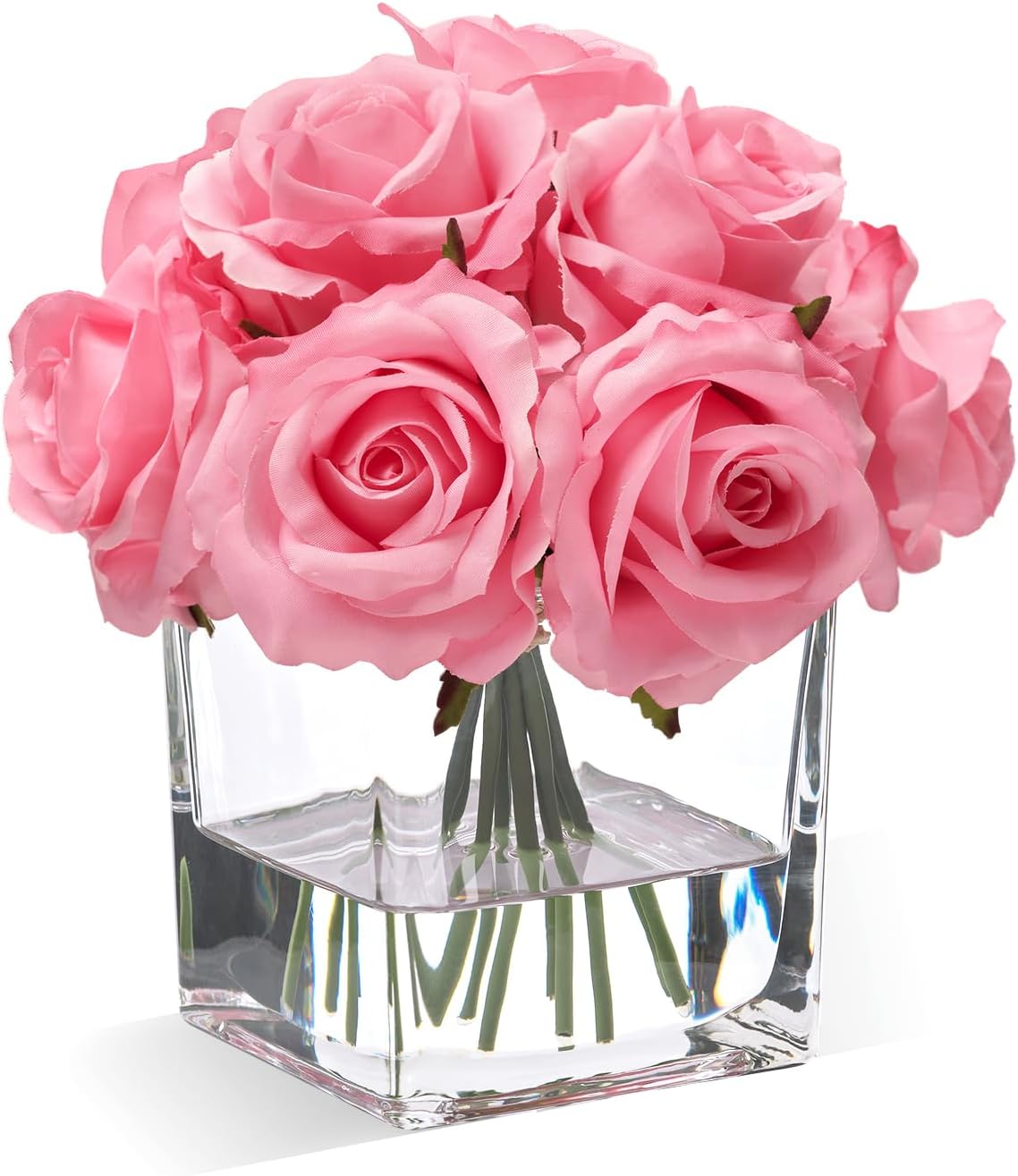 Pink Rose Artificial Flowers in Vase with Faux Water for Home