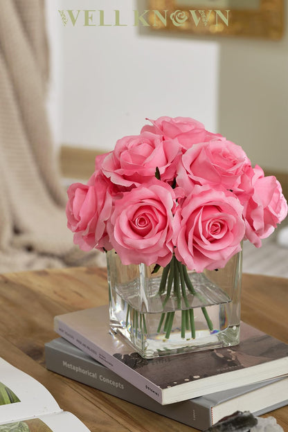 Pink Rose Artificial Flowers in Vase with Faux Water for Home