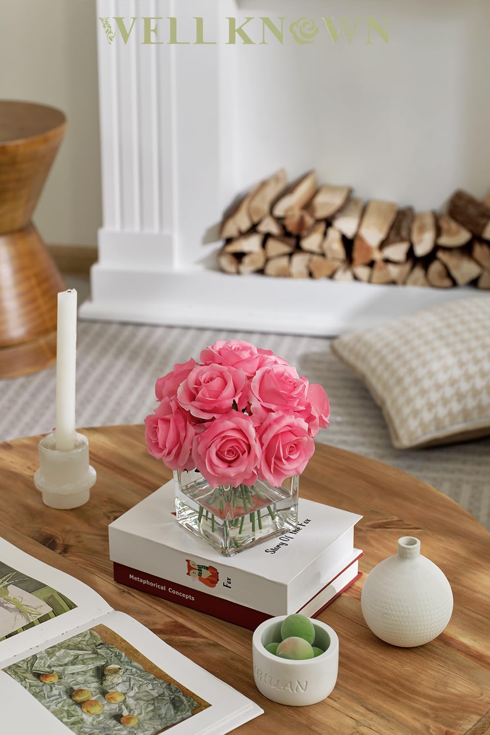 Pink Rose Artificial Flowers in Vase with Faux Water for Home