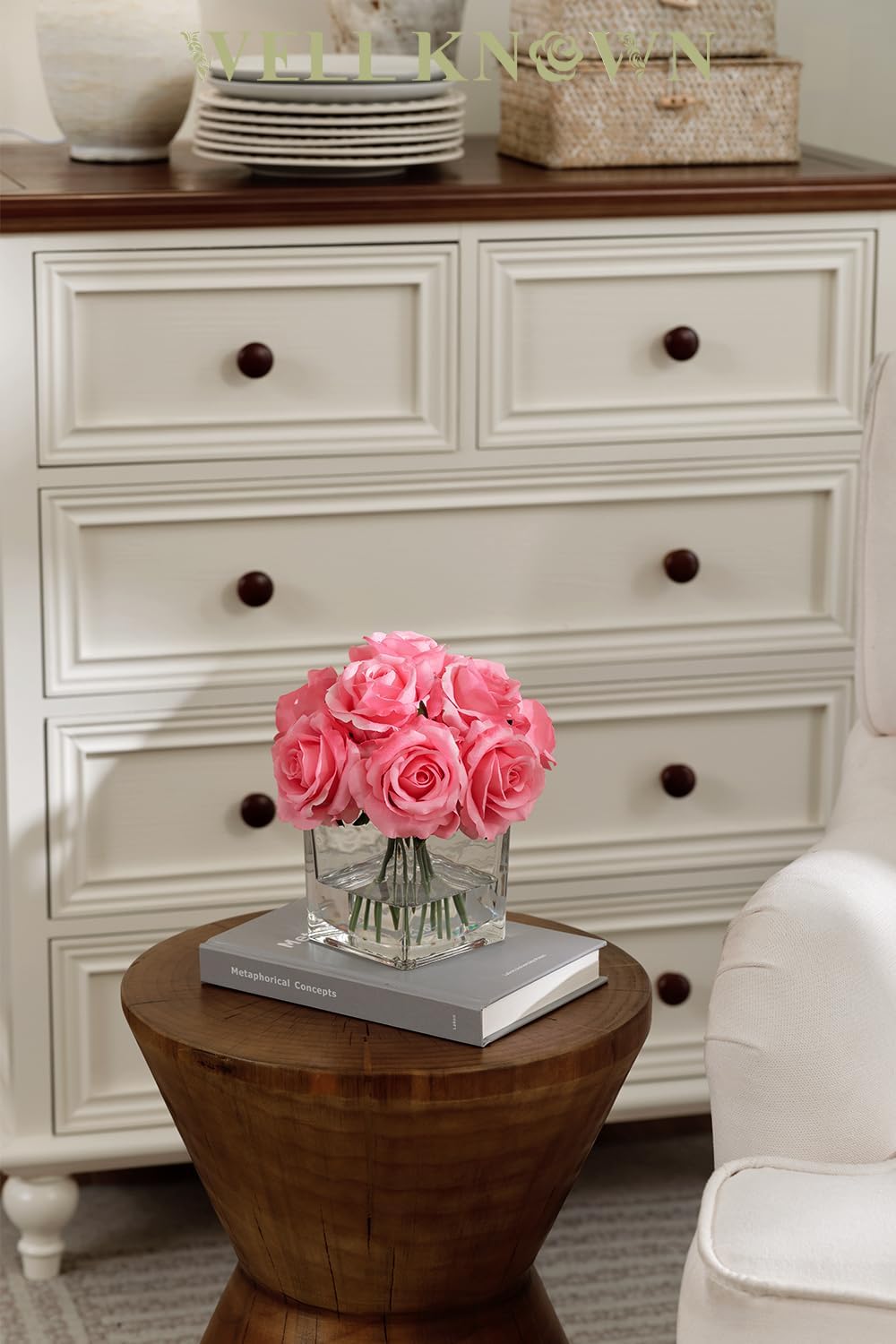 Pink Rose Artificial Flowers in Vase with Faux Water for Home