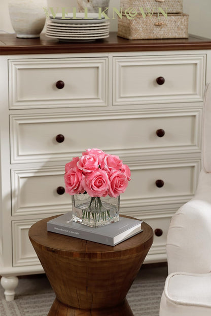 Pink Rose Artificial Flowers in Vase with Faux Water for Home