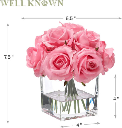 Pink Rose Artificial Flowers in Vase with Faux Water for Home
