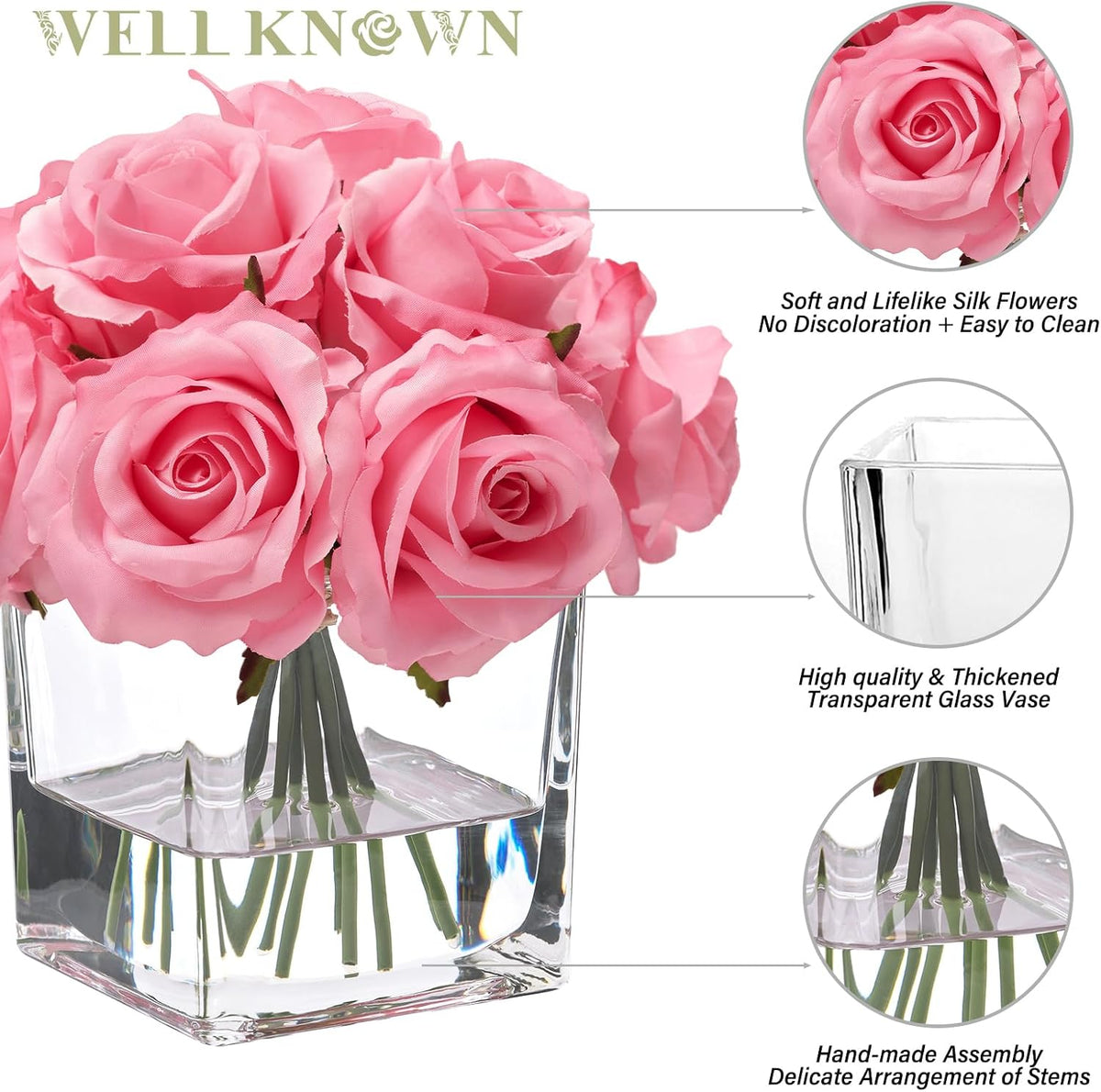 Pink Rose Artificial Flowers in Vase with Faux Water for Home
