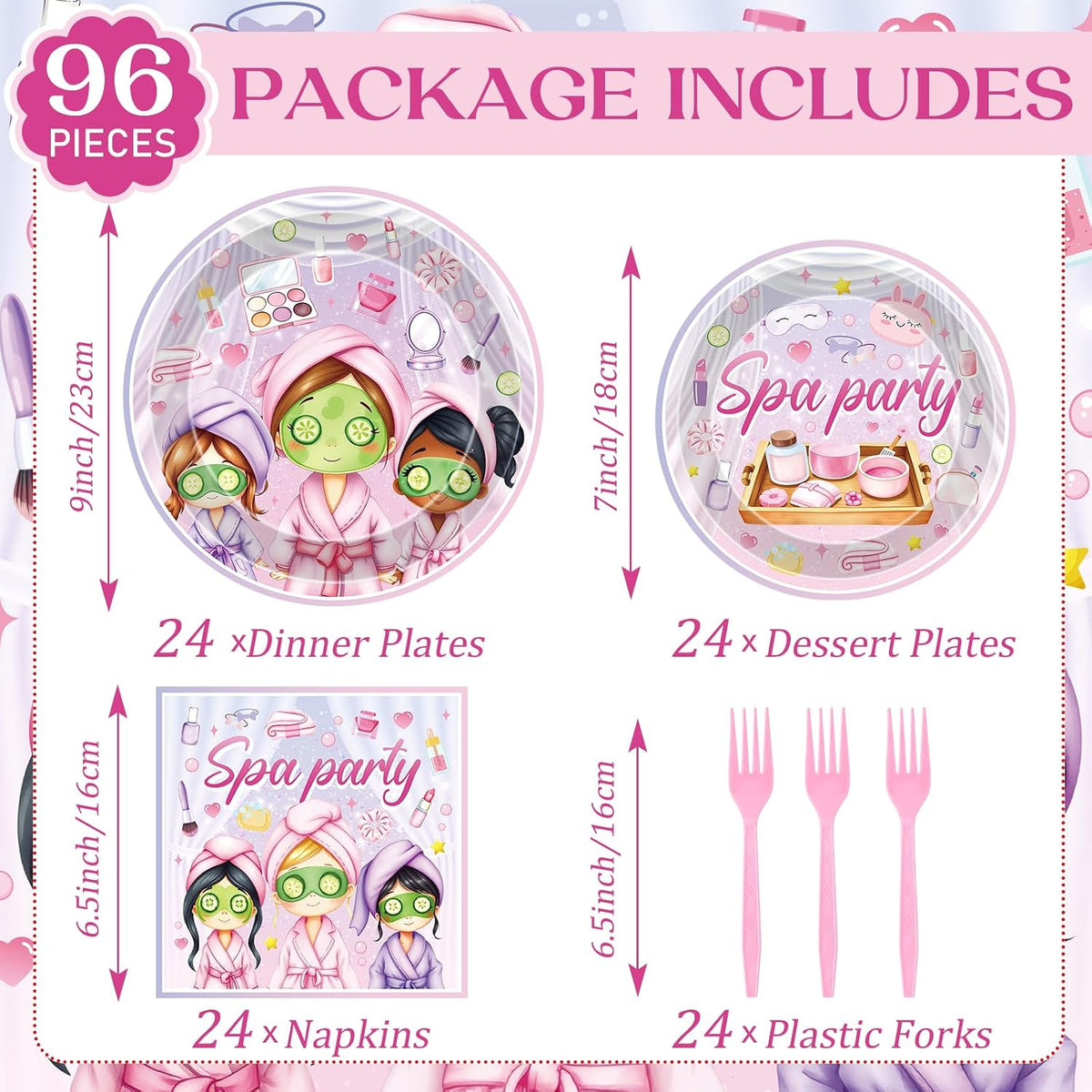 Spa Party Decorations Plates - 96 Pcs Makeup Paper Tableware