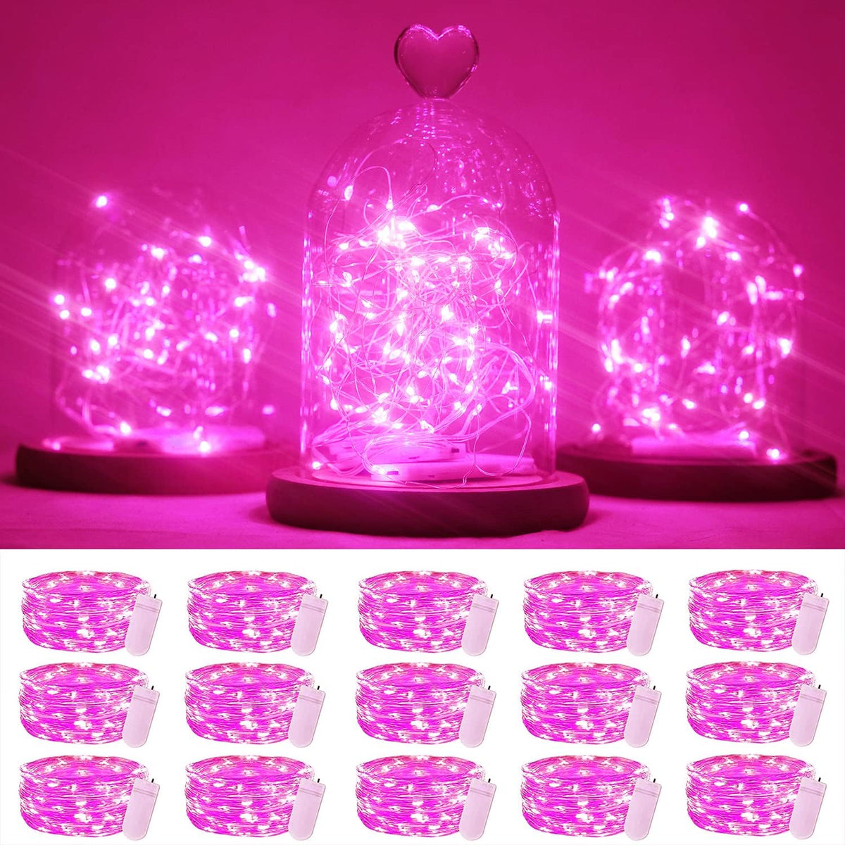 15 Packs 20 Led Pink Fairy String Lights Battery Operated 6.6ft Silver Wire Firefly Starry Lights Waterproof for Bedroom DIY Table Bottle Wedding Valentine's Day Party Decor