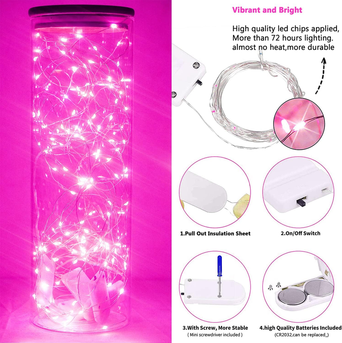 15 Packs 20 Led Pink Fairy String Lights Battery Operated 6.6ft Silver Wire Firefly Starry Lights Waterproof for Bedroom DIY Table Bottle Wedding Valentine's Day Party Decor