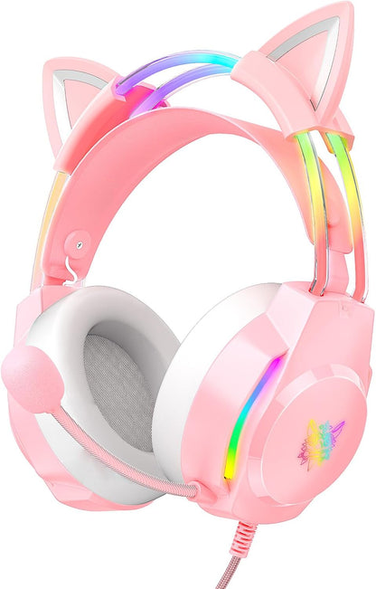 Gaming Headset with Microphone, Cat Ear Headphones for PC Laptop PS4 PS5 Xbox Switch, Pink, Rainbow RGB Lighting & Virtual Surround Sound, 3.5mm Wired Over Ear Headphones, Ergonomic
