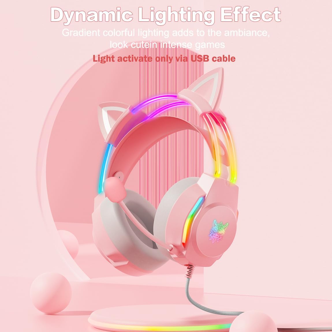 Gaming Headset with Microphone, Cat Ear Headphones for PC Laptop PS4 PS5 Xbox Switch, Pink, Rainbow RGB Lighting & Virtual Surround Sound, 3.5mm Wired Over Ear Headphones, Ergonomic