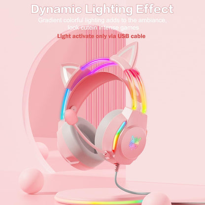 Gaming Headset with Microphone, Cat Ear Headphones for PC Laptop PS4 PS5 Xbox Switch, Pink, Rainbow RGB Lighting & Virtual Surround Sound, 3.5mm Wired Over Ear Headphones, Ergonomic