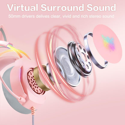 Gaming Headset with Microphone, Cat Ear Headphones for PC Laptop PS4 PS5 Xbox Switch, Pink, Rainbow RGB Lighting & Virtual Surround Sound, 3.5mm Wired Over Ear Headphones, Ergonomic