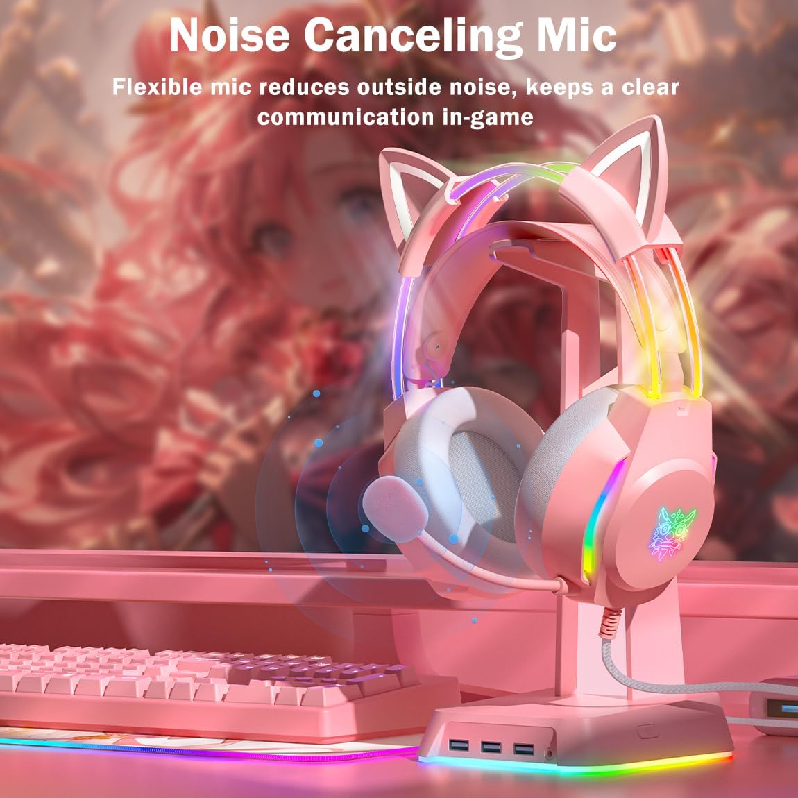 Gaming Headset with Microphone, Cat Ear Headphones for PC Laptop PS4 PS5 Xbox Switch, Pink, Rainbow RGB Lighting & Virtual Surround Sound, 3.5mm Wired Over Ear Headphones, Ergonomic
