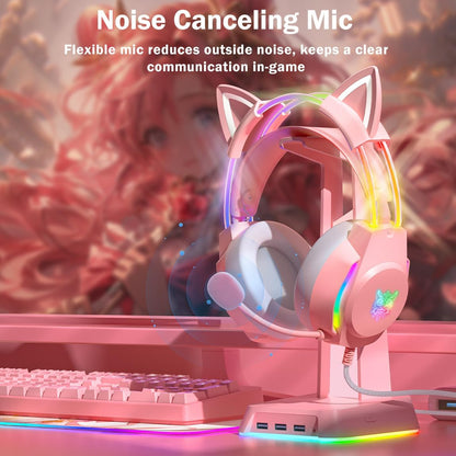 Gaming Headset with Microphone, Cat Ear Headphones for PC Laptop PS4 PS5 Xbox Switch, Pink, Rainbow RGB Lighting & Virtual Surround Sound, 3.5mm Wired Over Ear Headphones, Ergonomic