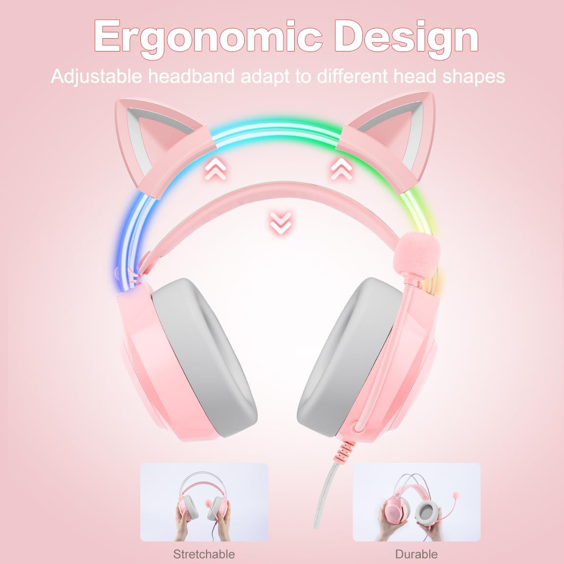Gaming Headset with Microphone, Cat Ear Headphones for PC Laptop PS4 PS5 Xbox Switch, Pink, Rainbow RGB Lighting & Virtual Surround Sound, 3.5mm Wired Over Ear Headphones, Ergonomic