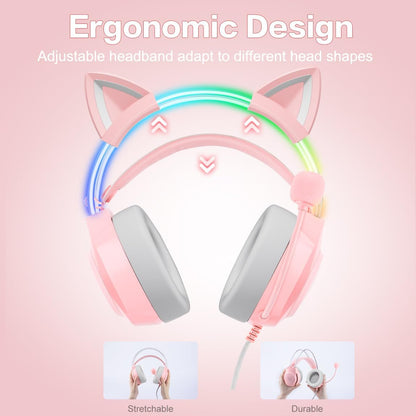 Gaming Headset with Microphone, Cat Ear Headphones for PC Laptop PS4 PS5 Xbox Switch, Pink, Rainbow RGB Lighting & Virtual Surround Sound, 3.5mm Wired Over Ear Headphones, Ergonomic