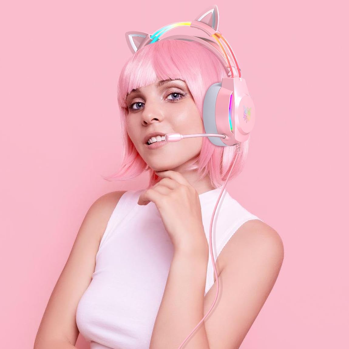 Gaming Headset with Microphone, Cat Ear Headphones for PC Laptop PS4 PS5 Xbox Switch, Pink, Rainbow RGB Lighting & Virtual Surround Sound, 3.5mm Wired Over Ear Headphones, Ergonomic