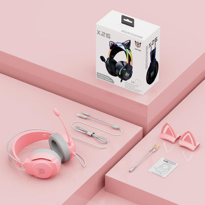 Gaming Headset with Microphone, Cat Ear Headphones for PC Laptop PS4 PS5 Xbox Switch, Pink, Rainbow RGB Lighting & Virtual Surround Sound, 3.5mm Wired Over Ear Headphones, Ergonomic