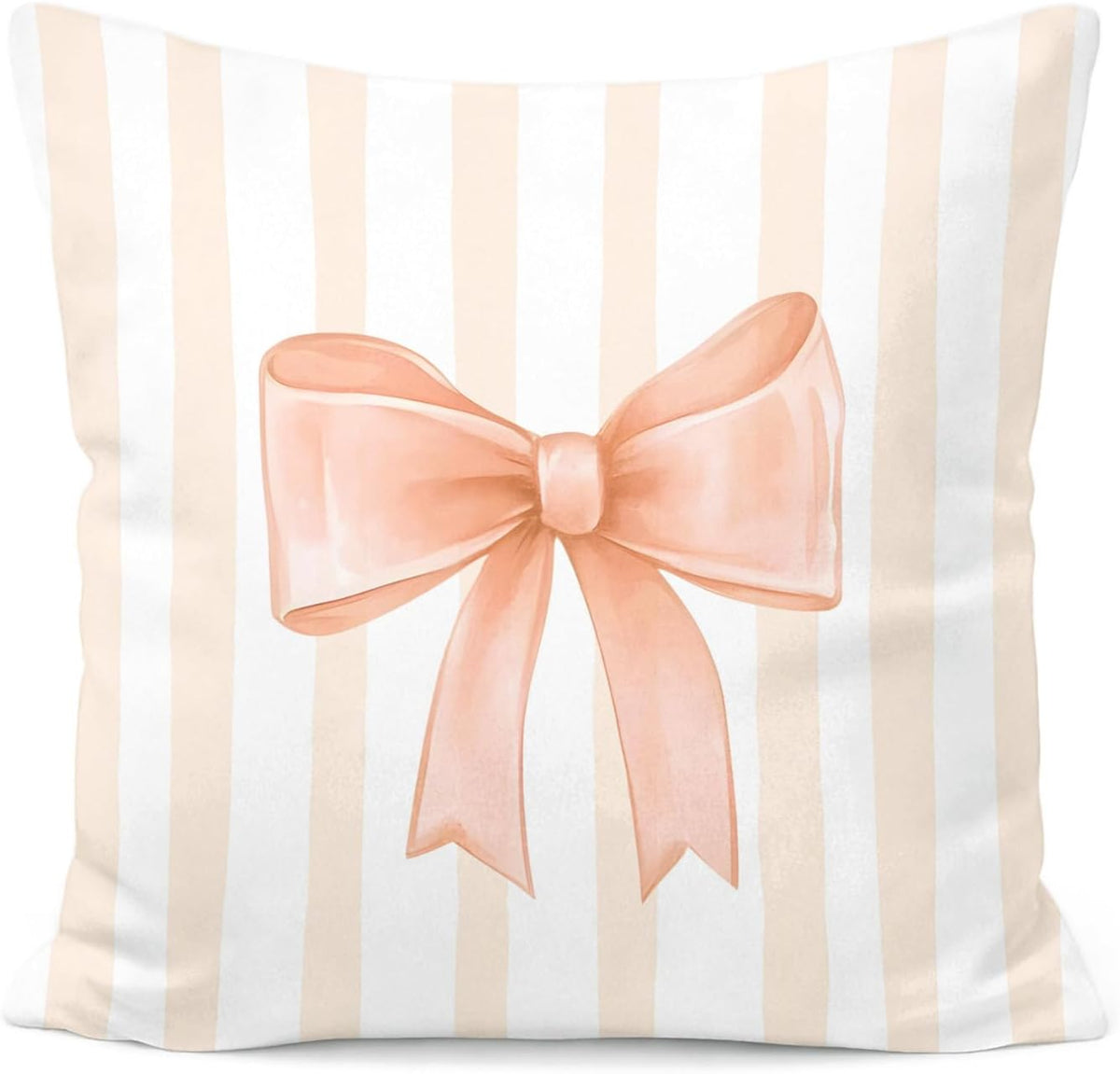 Peach Bow Decorative Throw Pillow 18x18 Inch – Cute Blush Pink Striped Pillow Cover for Girls Room, Baby Nursery, Sofa or Bedroom Decor