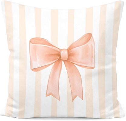 Peach Bow Decorative Throw Pillow 18x18 Inch – Cute Blush Pink Striped Pillow Cover for Girls Room, Baby Nursery, Sofa or Bedroom Decor