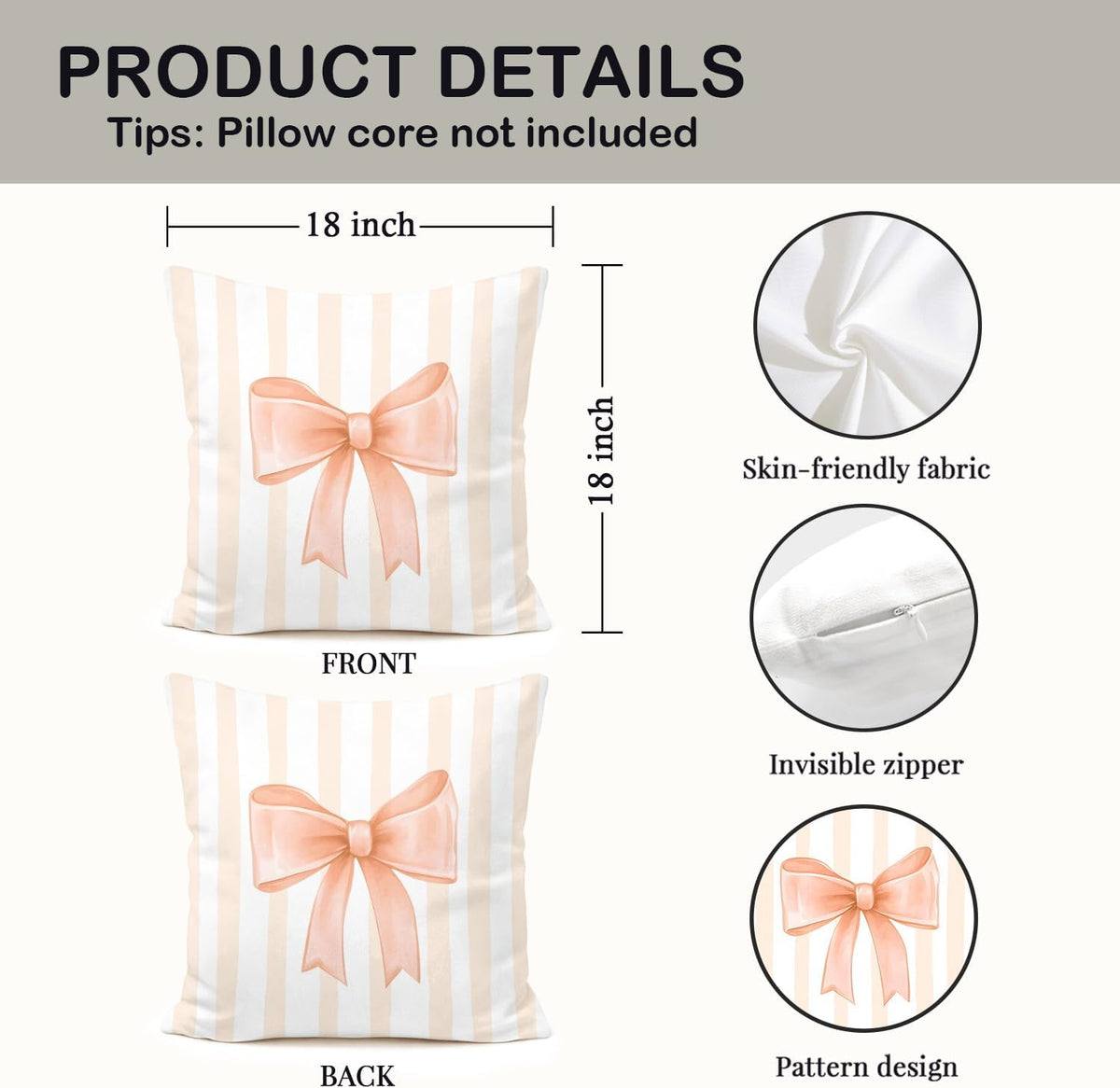 Peach Bow Decorative Throw Pillow 18x18 Inch – Cute Blush Pink Striped Pillow Cover for Girls Room, Baby Nursery, Sofa or Bedroom Decor