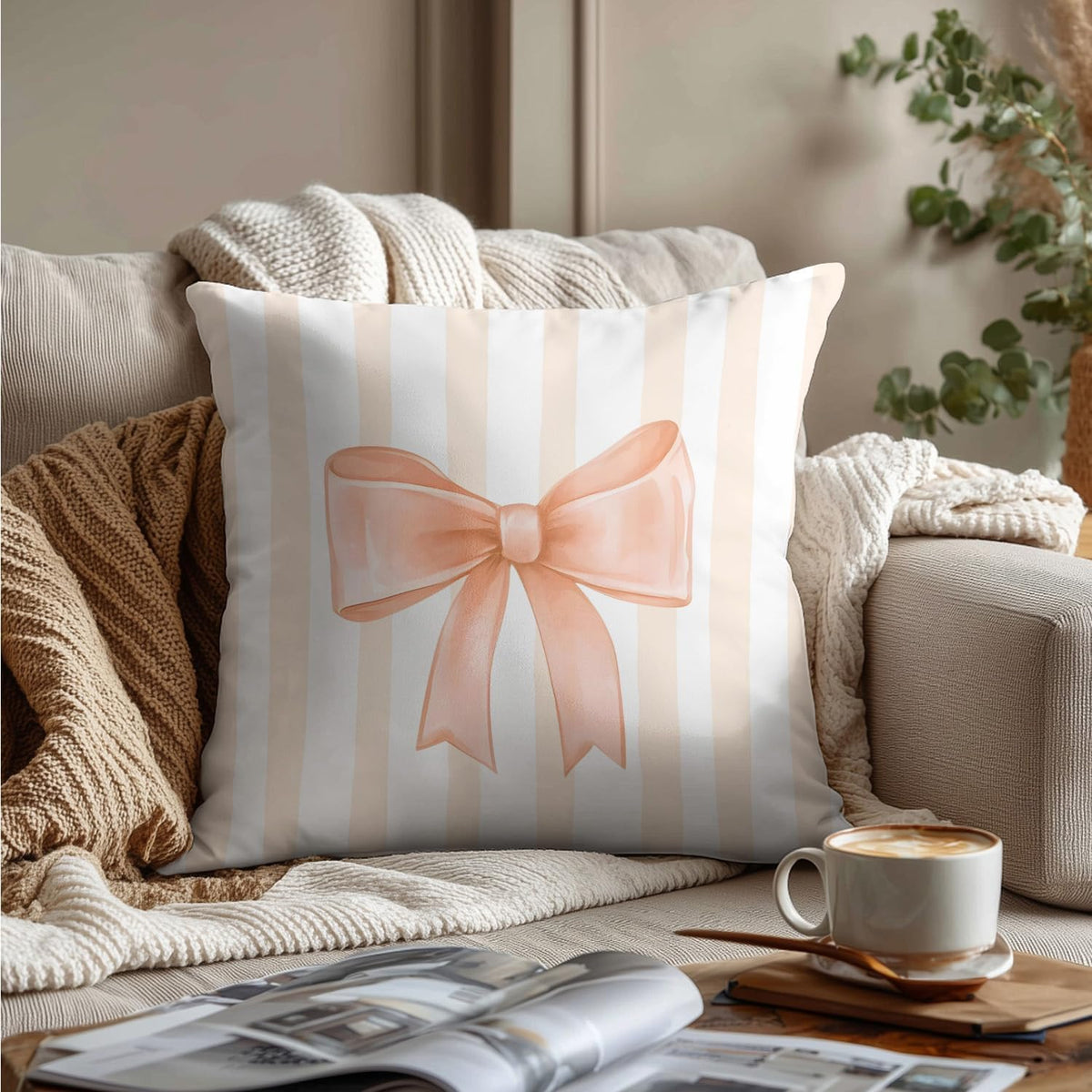 Peach Bow Decorative Throw Pillow 18x18 Inch – Cute Blush Pink Striped Pillow Cover for Girls Room, Baby Nursery, Sofa or Bedroom Decor