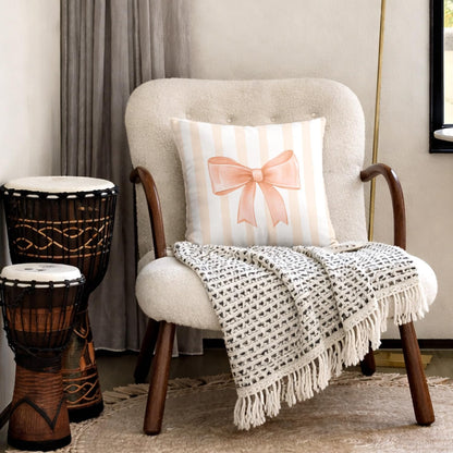 Peach Bow Decorative Throw Pillow 18x18 Inch – Cute Blush Pink Striped Pillow Cover for Girls Room, Baby Nursery, Sofa or Bedroom Decor