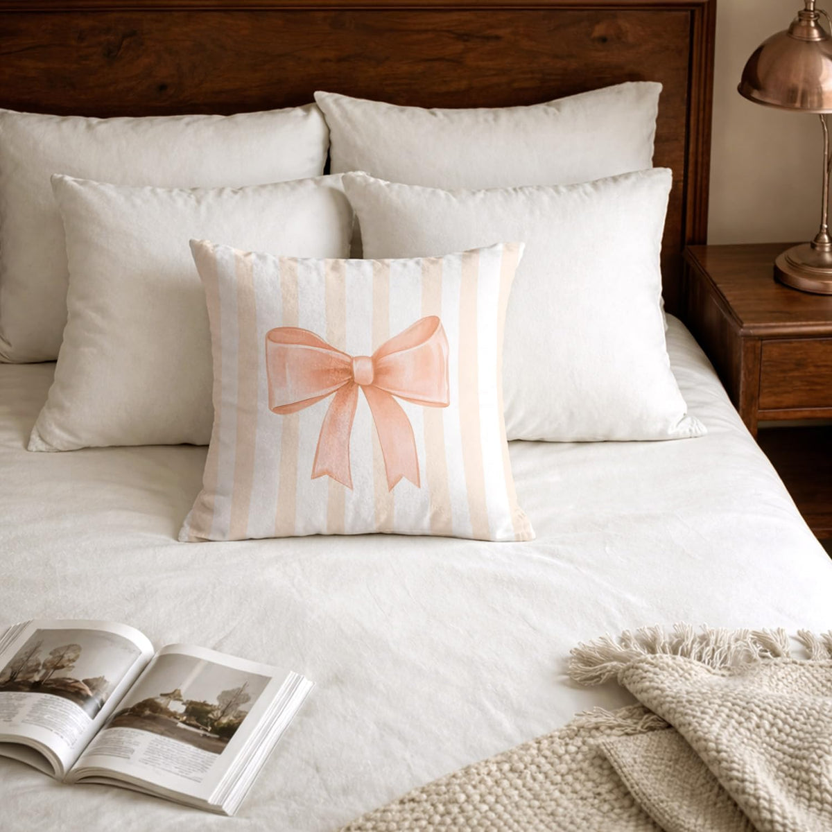 Peach Bow Decorative Throw Pillow 18x18 Inch – Cute Blush Pink Striped Pillow Cover for Girls Room, Baby Nursery, Sofa or Bedroom Decor