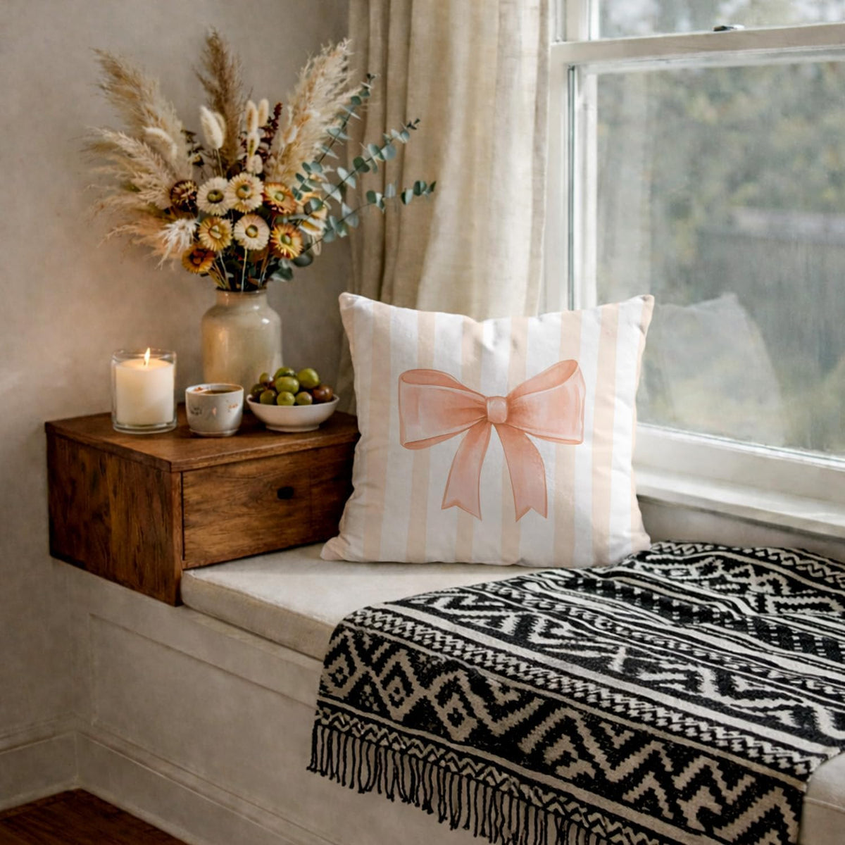 Peach Bow Decorative Throw Pillow 18x18 Inch – Cute Blush Pink Striped Pillow Cover for Girls Room, Baby Nursery, Sofa or Bedroom Decor