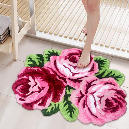 3 Rose Shaped Rug Pink Roses Area Rug Shaggy Bath Mat Anti-Slip Mat Personalized Custom Carpets Doormat Bathroom Rug Super Water Absorbent, Machine Washable