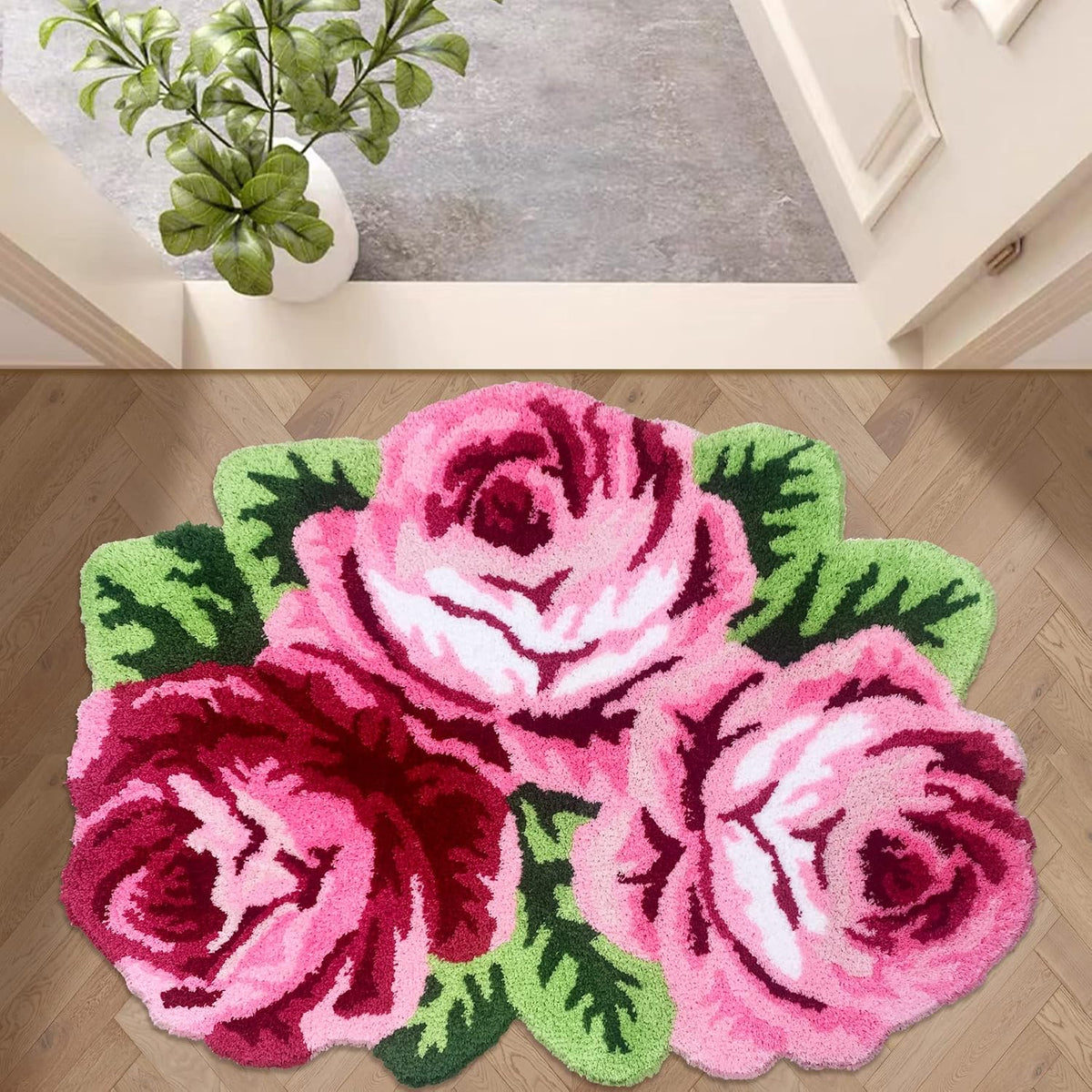 3 Rose Shaped Rug Pink Roses Area Rug Shaggy Bath Mat Anti-Slip Mat Personalized Custom Carpets Doormat Bathroom Rug Super Water Absorbent, Machine Washable