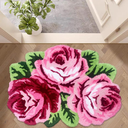 3 Rose Shaped Rug Pink Roses Area Rug Shaggy Bath Mat Anti-Slip Mat Personalized Custom Carpets Doormat Bathroom Rug Super Water Absorbent, Machine Washable
