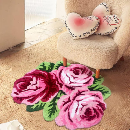 3 Rose Shaped Rug Pink Roses Area Rug Shaggy Bath Mat Anti-Slip Mat Personalized Custom Carpets Doormat Bathroom Rug Super Water Absorbent, Machine Washable