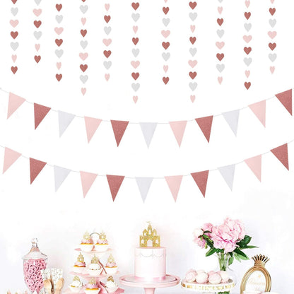 Rose-Gold Pink Party-Decorations Heart Garland Streamers - 52Ft Bachelorette Engagement Hanging Paper Banner,Valentines Day Bridal Shower Wedding Birthday Party Bunting