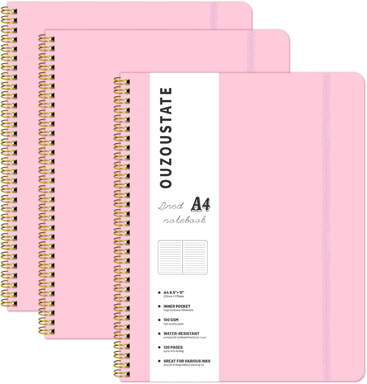Hardcover Spiral A4 Lined Pink Notebook for Work 8.5" x 11"