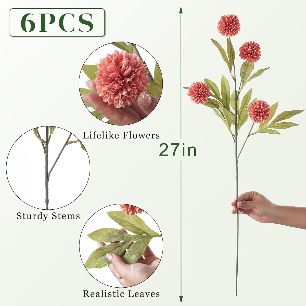 6 Pcs 27"Artificial Pompon Mum Silk Flower Stems for Vase (Dusty Pink)