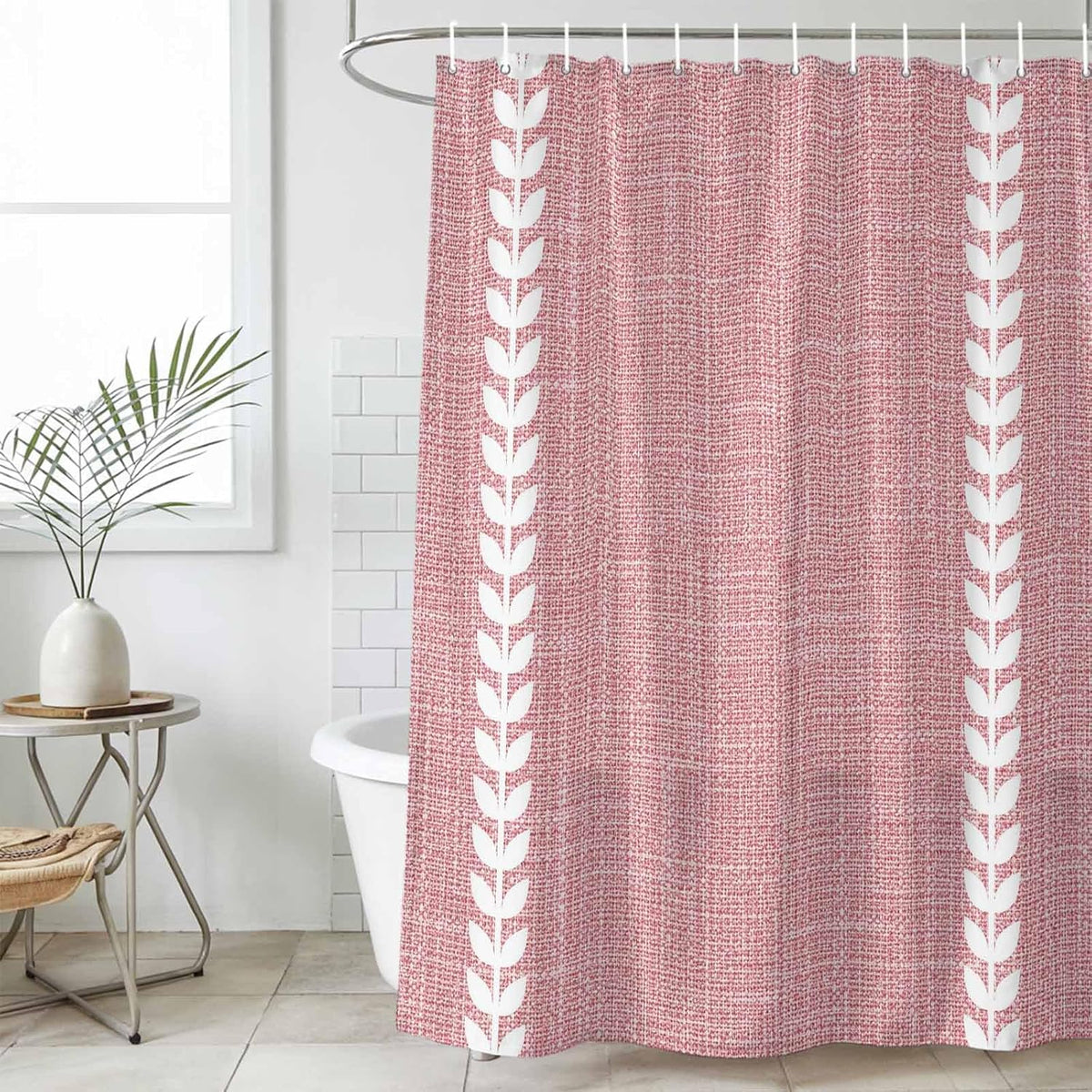 Romantic Pink Linen Texture Waterproof Shower Curtain with Rustproof Grommets Bathroom Curtain 72x84in, White Braided Leaves Shower Curtains Hotel Luxury Quality