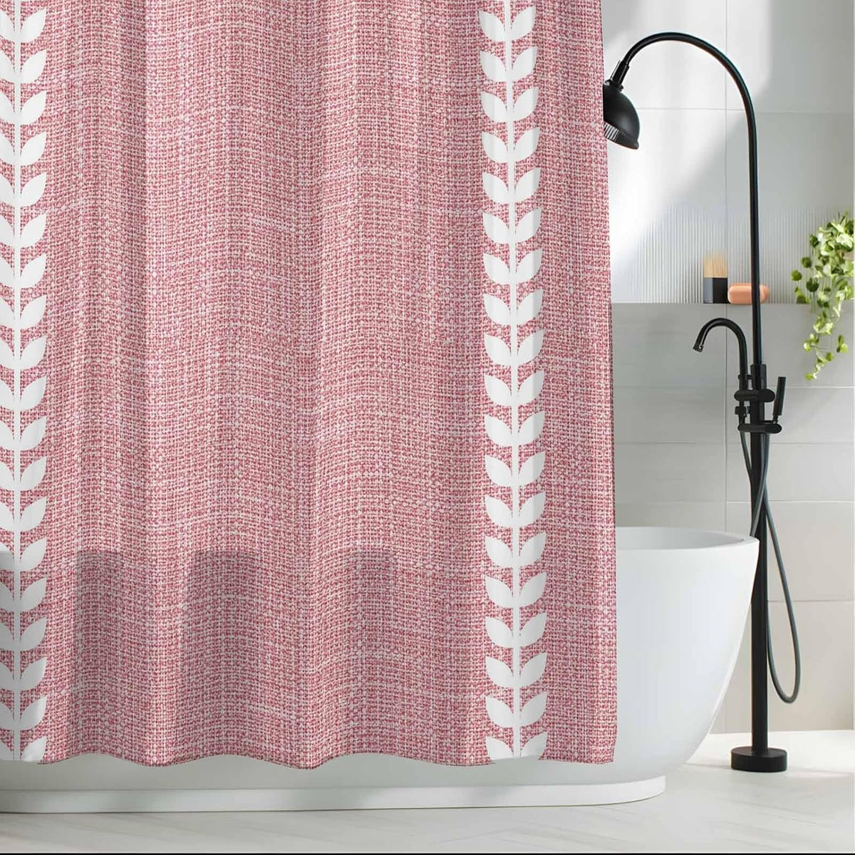 Romantic Pink Linen Texture Waterproof Shower Curtain with Rustproof Grommets Bathroom Curtain 72x84in, White Braided Leaves Shower Curtains Hotel Luxury Quality
