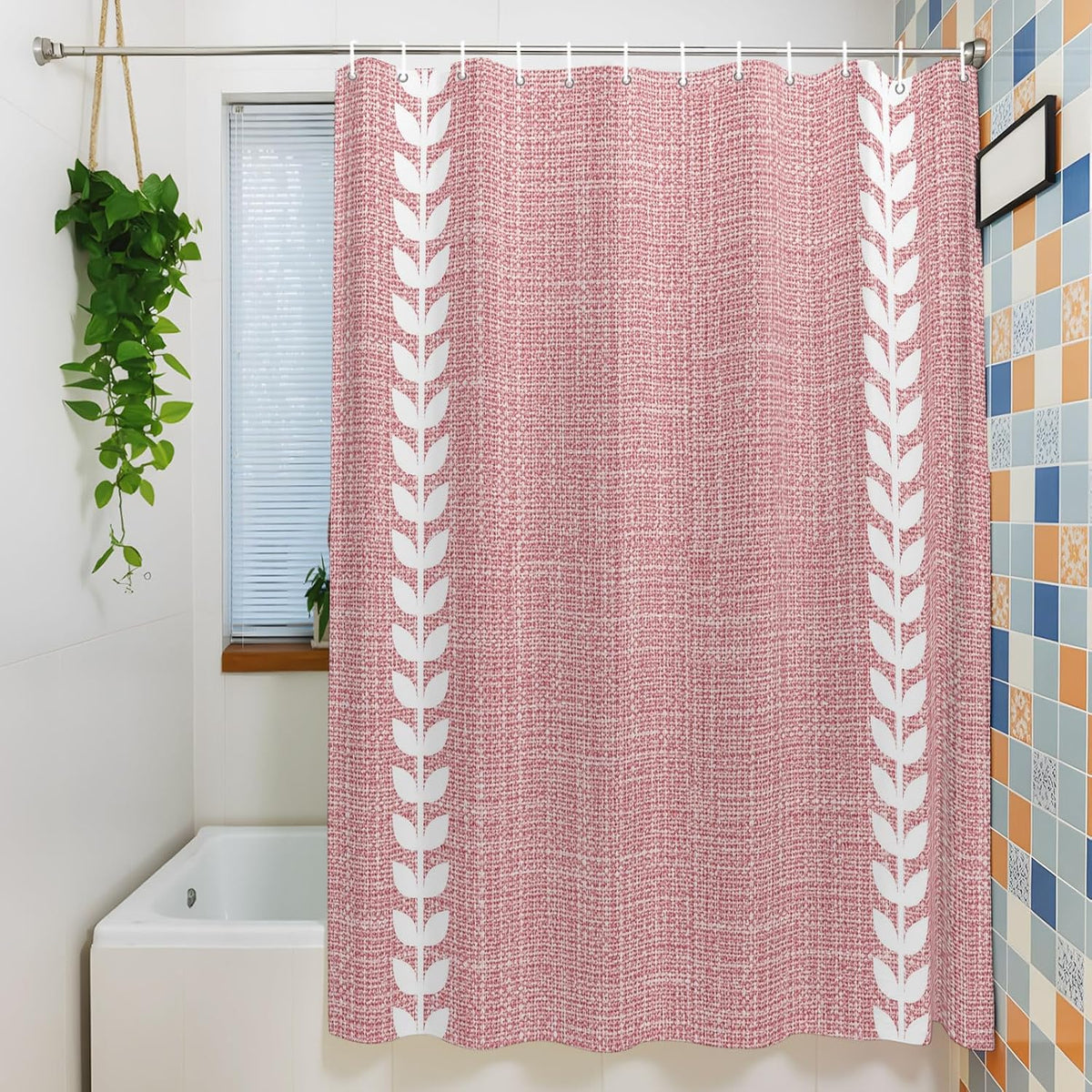 Romantic Pink Linen Texture Waterproof Shower Curtain with Rustproof Grommets Bathroom Curtain 72x84in, White Braided Leaves Shower Curtains Hotel Luxury Quality