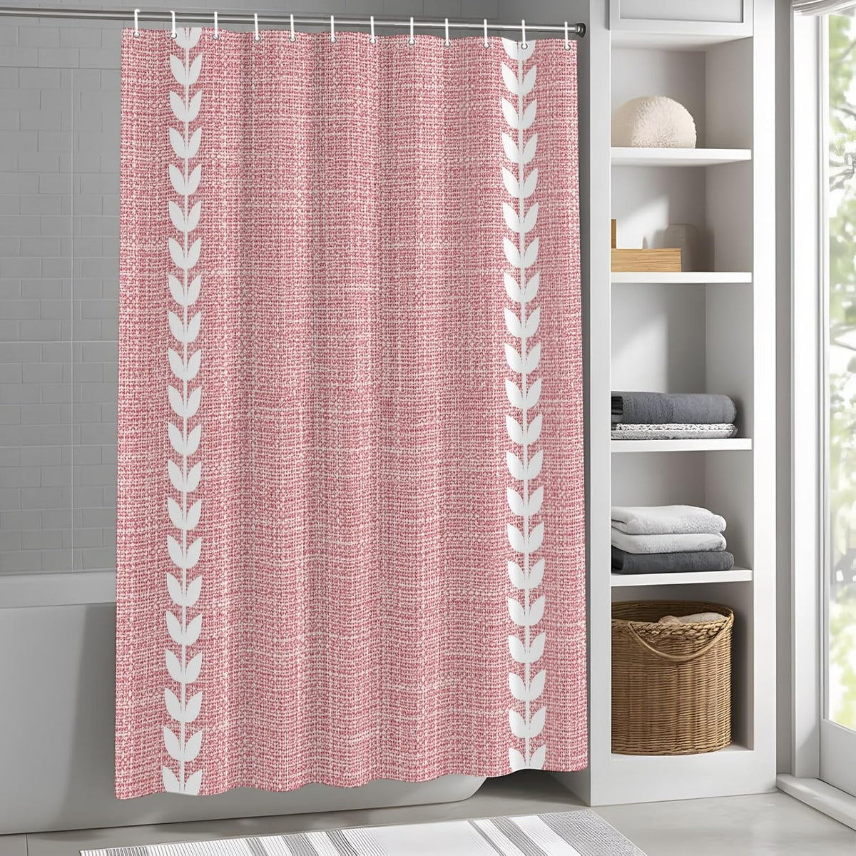Romantic Pink Linen Texture Waterproof Shower Curtain with Rustproof Grommets Bathroom Curtain 72x84in, White Braided Leaves Shower Curtains Hotel Luxury Quality