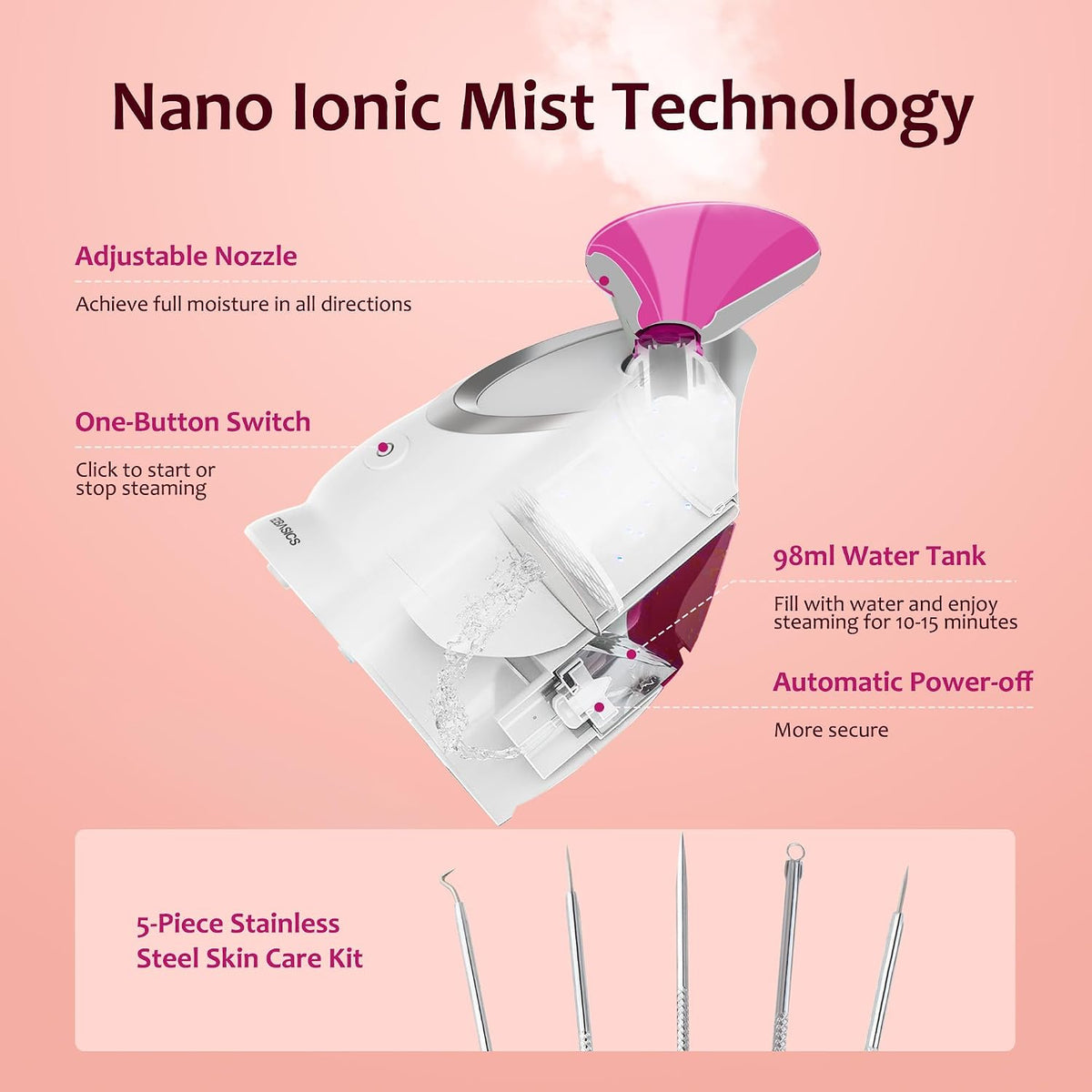 Facial Steamer, Nano Ionic Warm Mist for Facial Deep Cleaning Pink