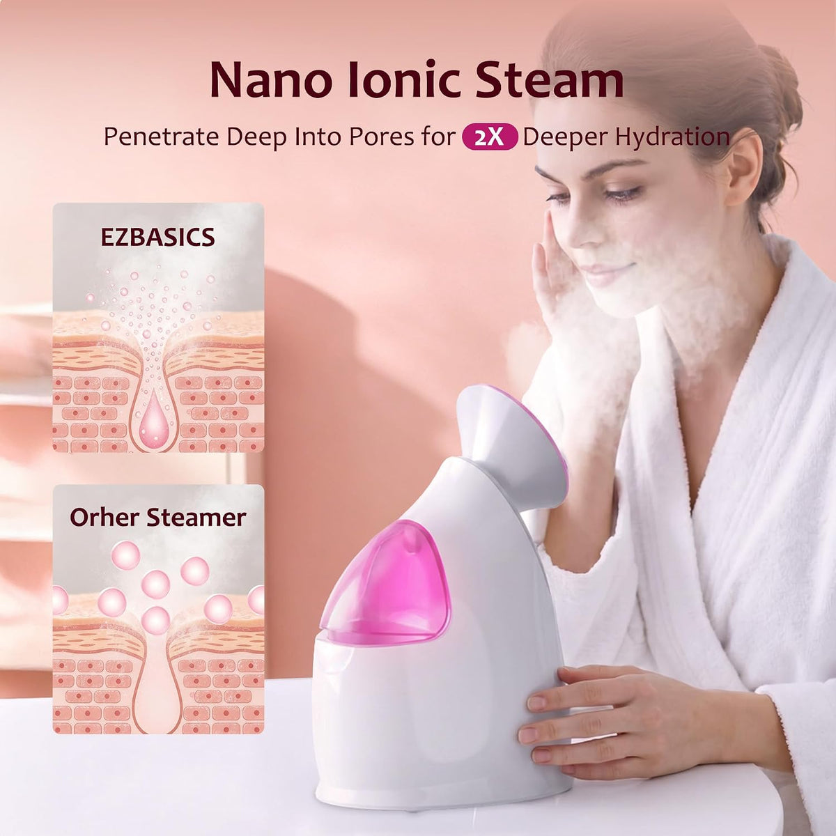 Facial Steamer, Nano Ionic Warm Mist for Facial Deep Cleaning Pink