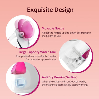 Facial Steamer, Nano Ionic Warm Mist for Facial Deep Cleaning Pink